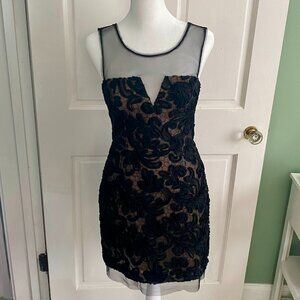 Stunning BCBG Abigail cocktail dress with sheer mesh and embroidered detailing